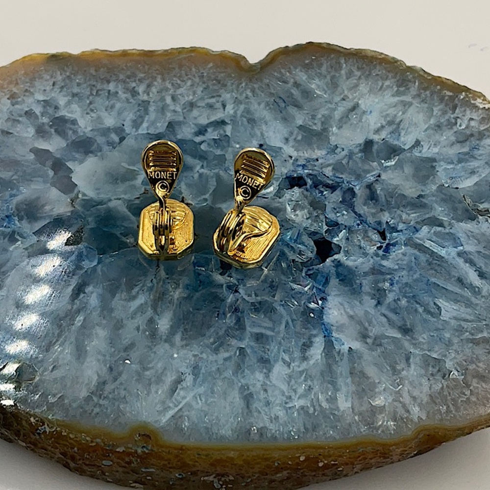 Vtg (1970)Monet Gold Earrings Leverback Clip On With Sparkling Crystals - Picture 6 of 6